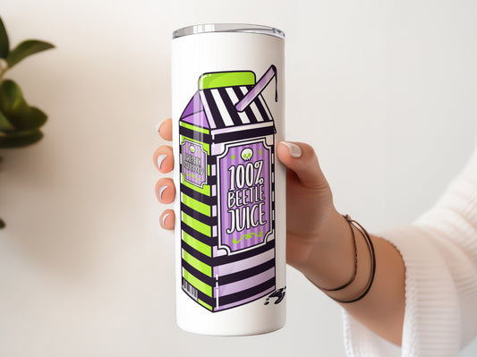 100% Beetle Juice Box Halloween 20 oz Skinny Tumbler, Funny Beetlejuice Fan Gift, Gothic Purple Green Spooky Cup with Lid and Straw