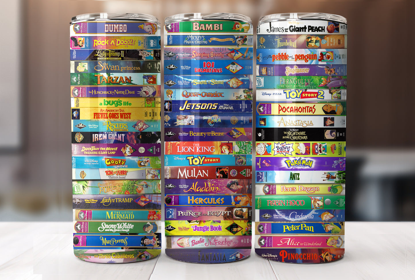 90's Animation Movies Horizontal VHS Video Tapes 1990's Kid 20 oz Skinny SS Tumbler