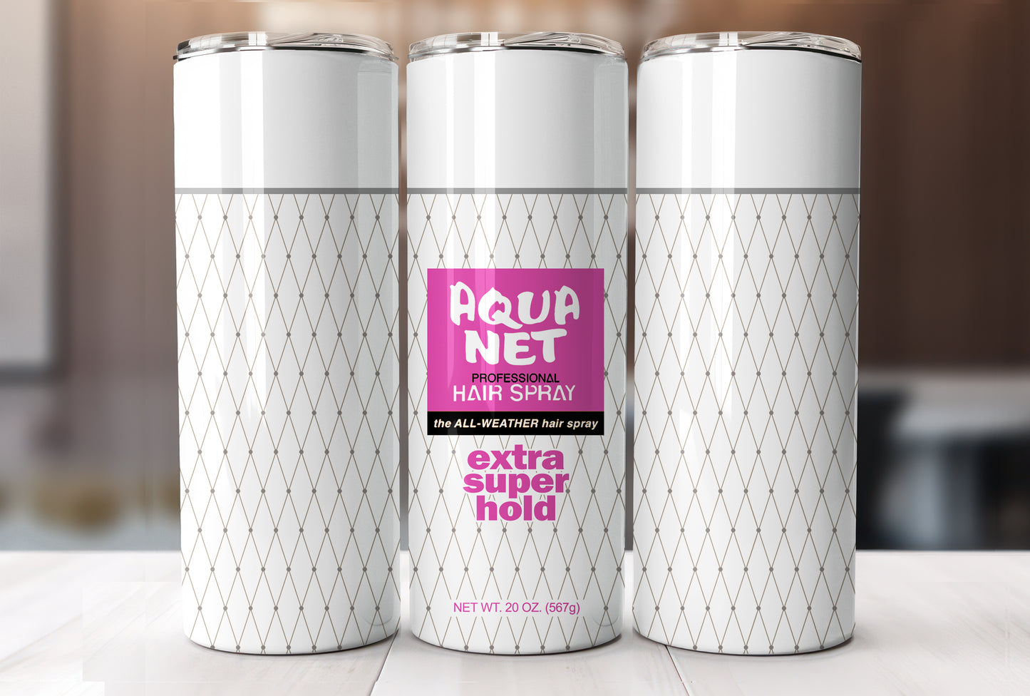 Aqua Net WHITE Extra Super Hold 80's Queen of Hairspray 20 oz Skinny Tumbler