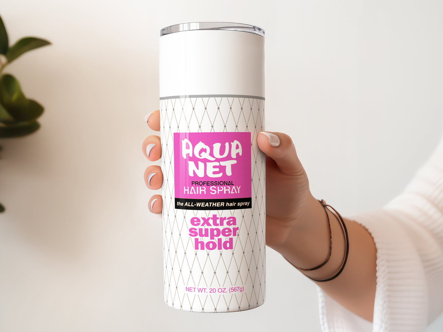 Aqua Net WHITE Extra Super Hold 80's Queen of Hairspray 20 oz Skinny Tumbler