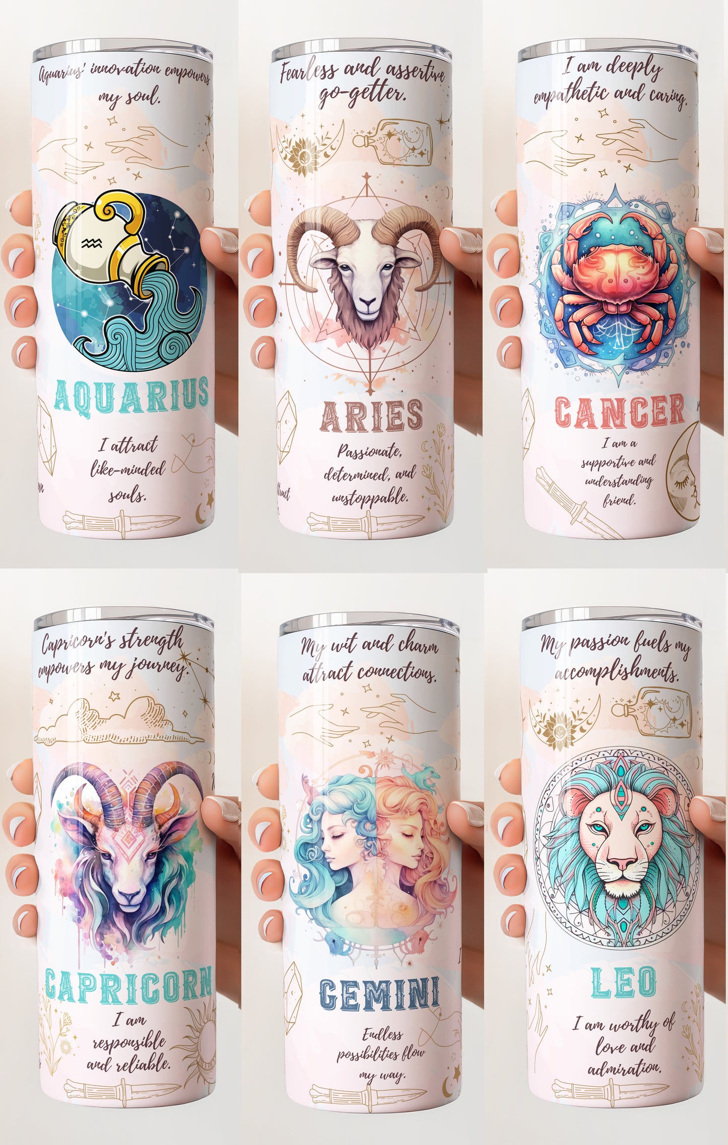Astrological Signs Horoscope Aquarius, Aries, Cancer, Capricorn, Gemini, Leo 20 oz Stainless Steel Skinny Tumbler