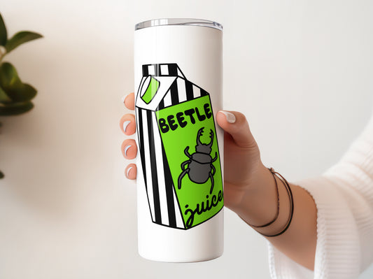 Beetle Juice Box Halloween 20 oz Skinny Tumbler, Funny Beetlejuice Fan Gift, Gothic Green Spooky Cartoon Cup with Lid and Straw