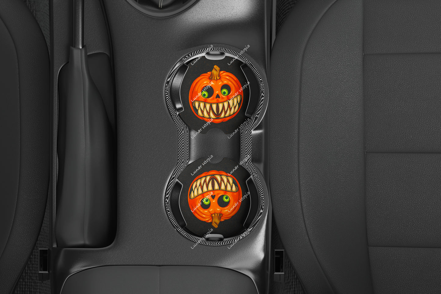 Cute Neoprene Car Coasters, Absorbent Cup Holder Inserts, Fun Auto Accessories (Set of 2) Creepy Pumpkin