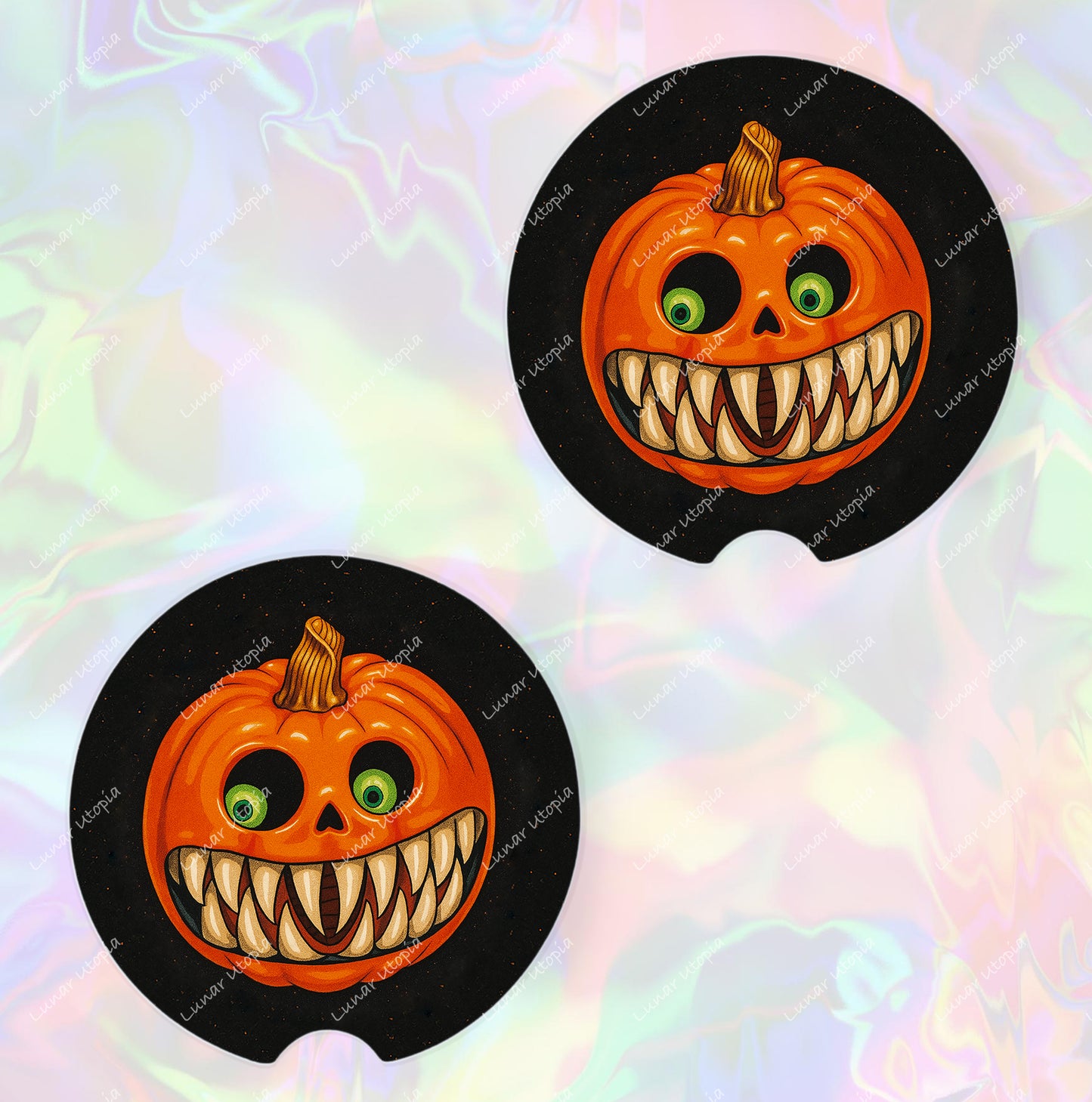 Cute Neoprene Car Coasters, Absorbent Cup Holder Inserts, Fun Auto Accessories (Set of 2) Creepy Pumpkin