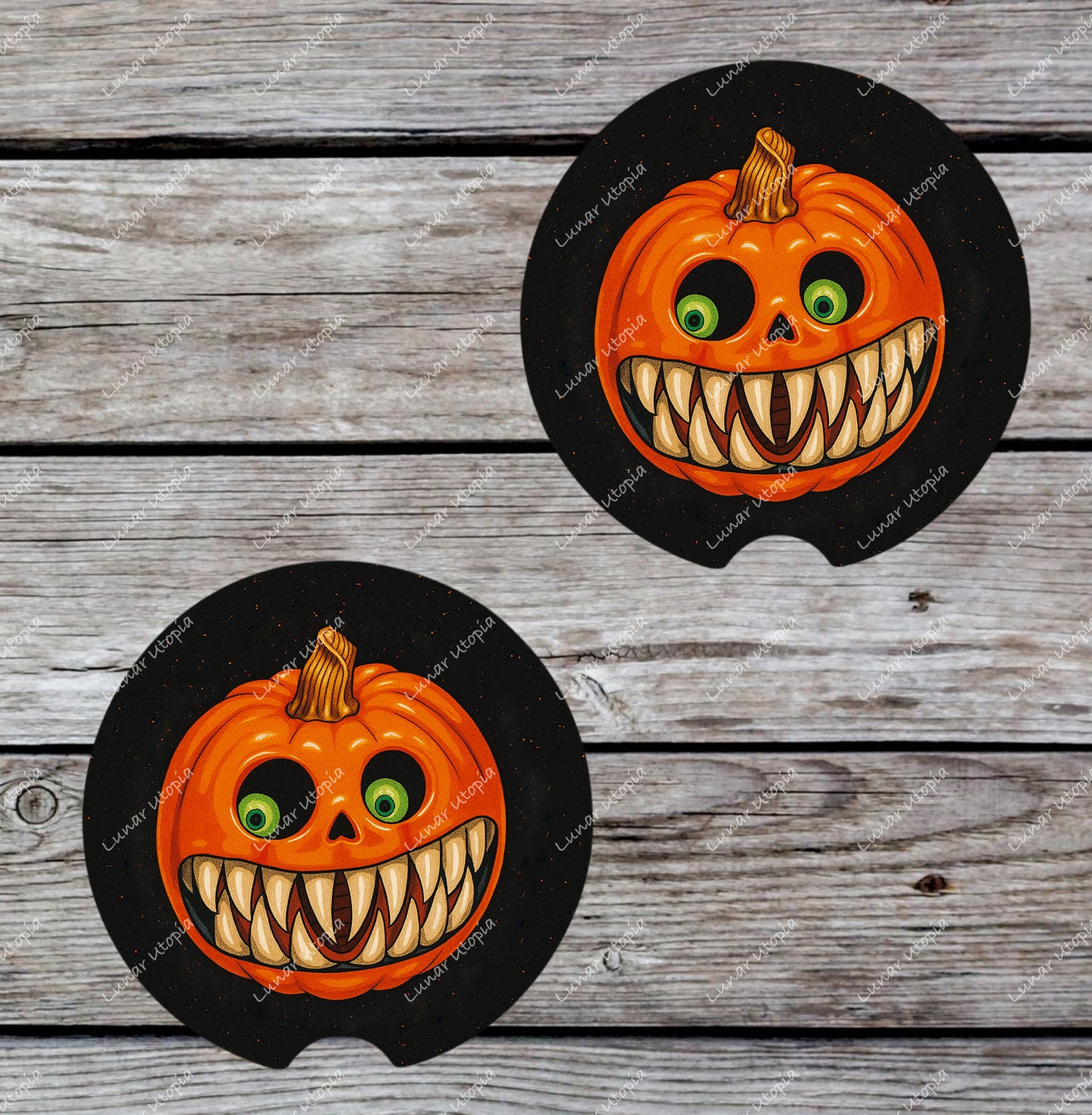 Cute Neoprene Car Coasters, Absorbent Cup Holder Inserts, Fun Auto Accessories (Set of 2) Creepy Pumpkin
