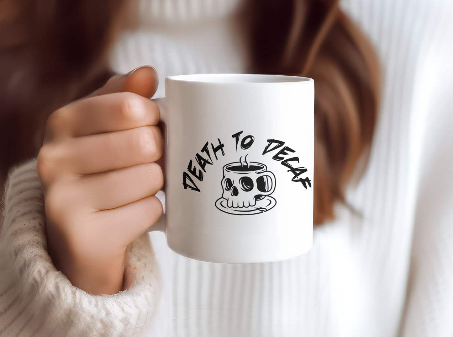 Death to Decaf Skull, Skeleton, Halloween, Creepy, Scary, 11 oz Coffee Mug, Novelty Cup, Ceramic Mug