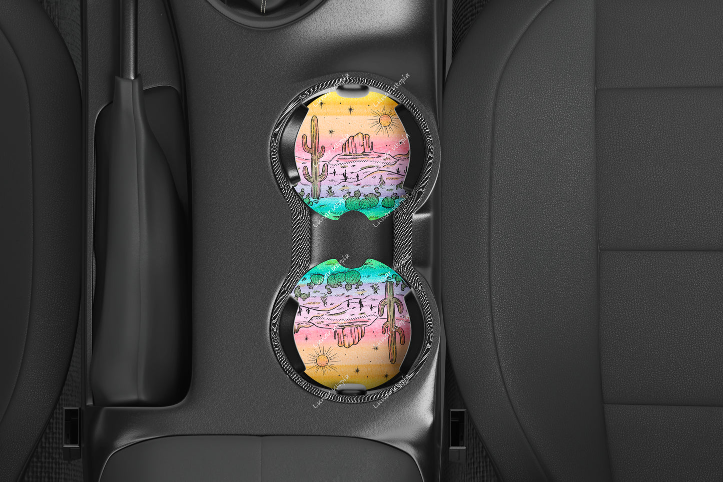 Cute Neoprene Car Coasters, Absorbent Cup Holder Inserts, Fun Auto Accessories (Set of 2) Desert Rainbow