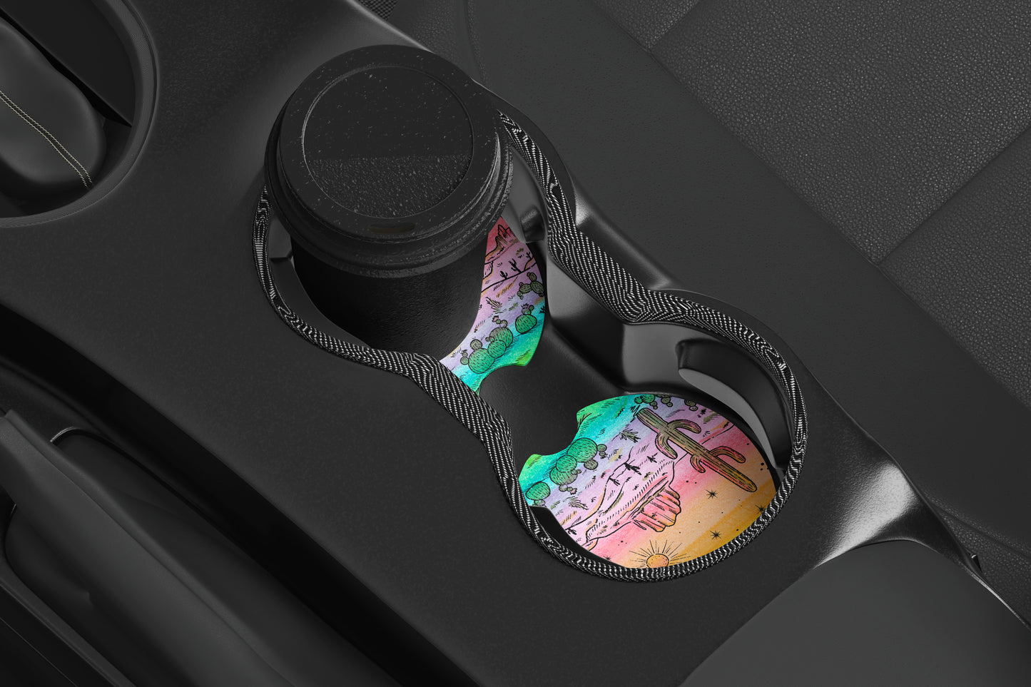 Cute Neoprene Car Coasters, Absorbent Cup Holder Inserts, Fun Auto Accessories (Set of 2) Desert Rainbow