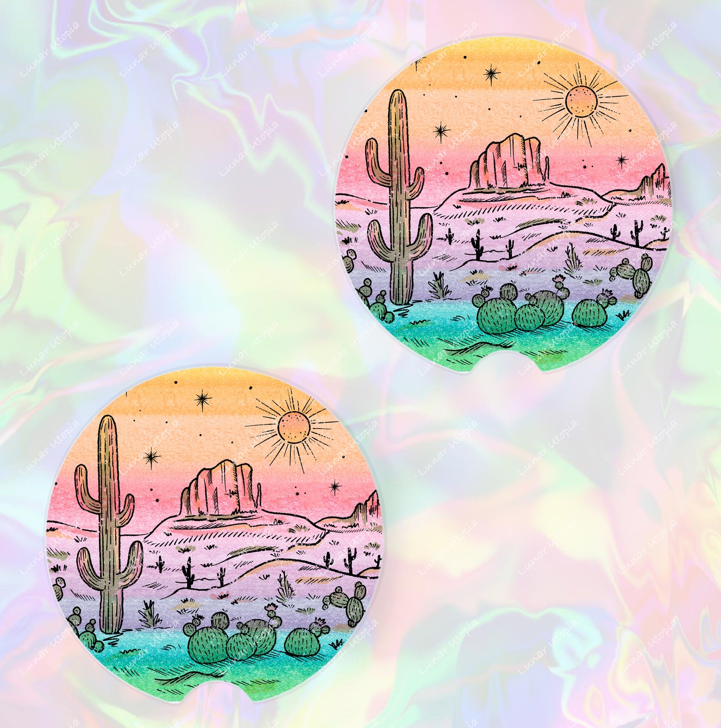 Cute Neoprene Car Coasters, Absorbent Cup Holder Inserts, Fun Auto Accessories (Set of 2) Desert Rainbow