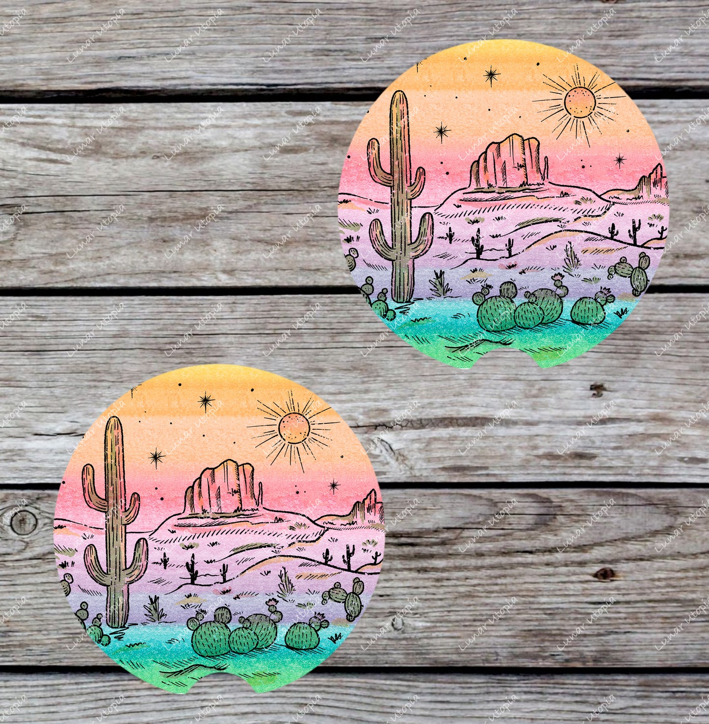 Cute Neoprene Car Coasters, Absorbent Cup Holder Inserts, Fun Auto Accessories (Set of 2) Desert Rainbow