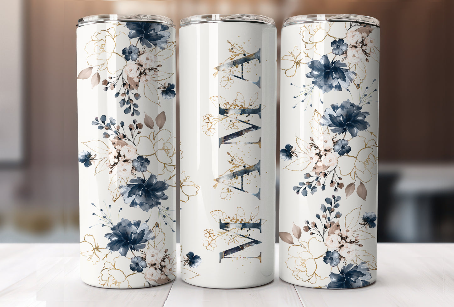 Mama with Blue and Gold Flowers Tumbler, Gift for Mom, 20 oz Tumbler Mother's Day Gift