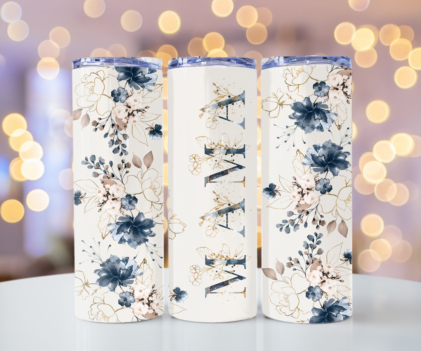 Mama with Blue and Gold Flowers Tumbler, Gift for Mom, 20 oz Tumbler Mother's Day Gift
