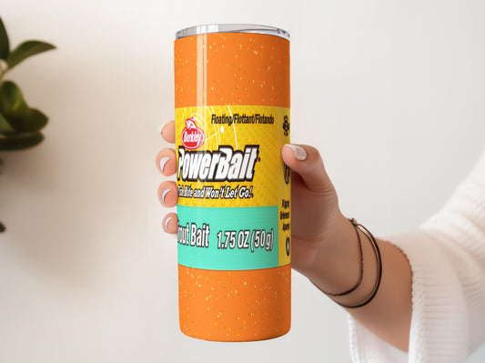 Berkley PowerBait Trout Orange Fishing Bait 20 oz Tumbler, Funny Fishing Gift, Novelty Skinny Cup for Fishermen