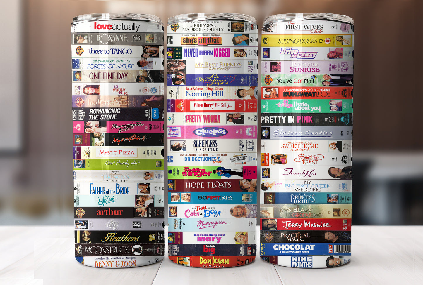 RomCom Romantic Comedy Movies Horizontal VHS Video Tapes 20 oz Skinny SS Tumbler