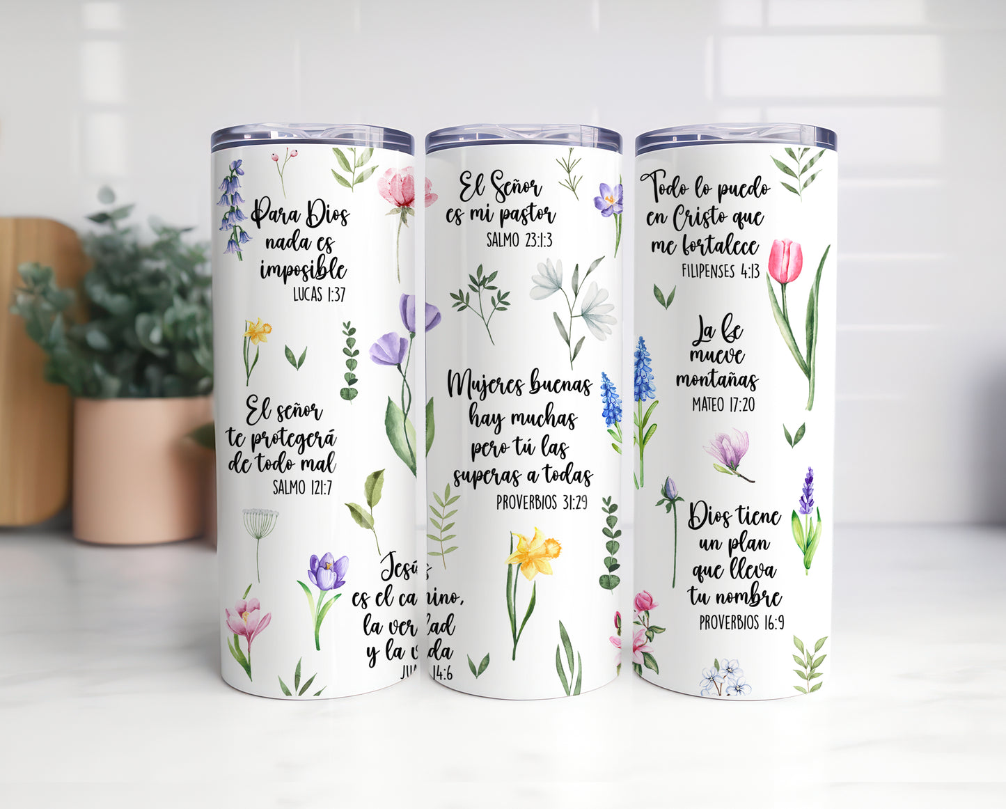 Spanish Daily Bible Affirmations with Flowers, Christian Affirmations Tumbler, Affirmation Gift, Bible Study 20 oz Tumbler