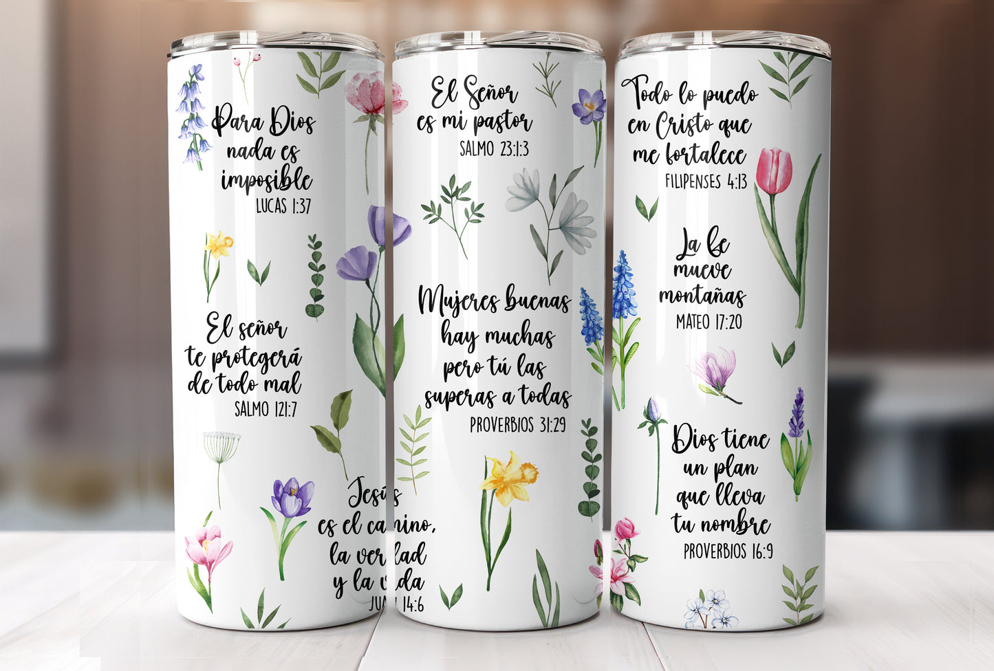 Spanish Daily Bible Affirmations with Flowers, Christian Affirmations Tumbler, Affirmation Gift, Bible Study 20 oz Tumbler