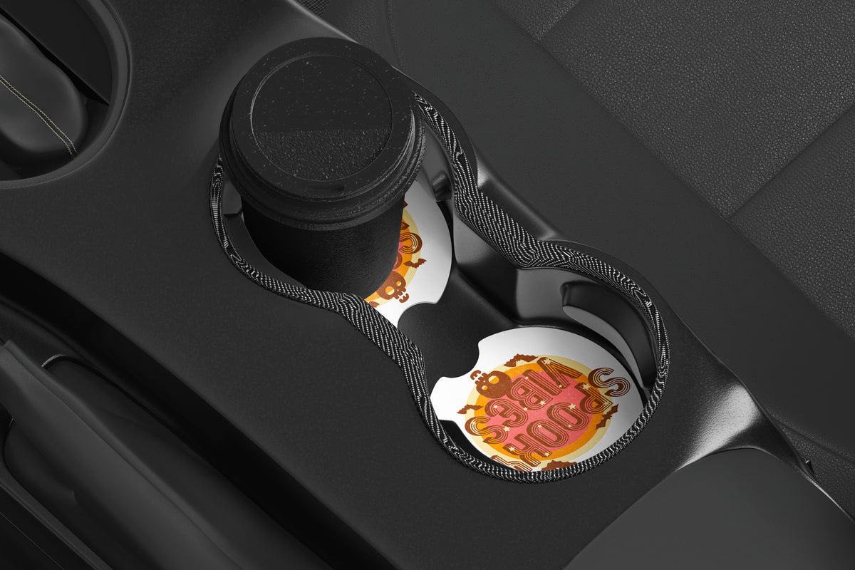 Spooky Vibes Car Coasters Set of 2, Neoprene Cup Holder Inserts, Retro Halloween Bats Skull Full Moon Auto Accessory Gift