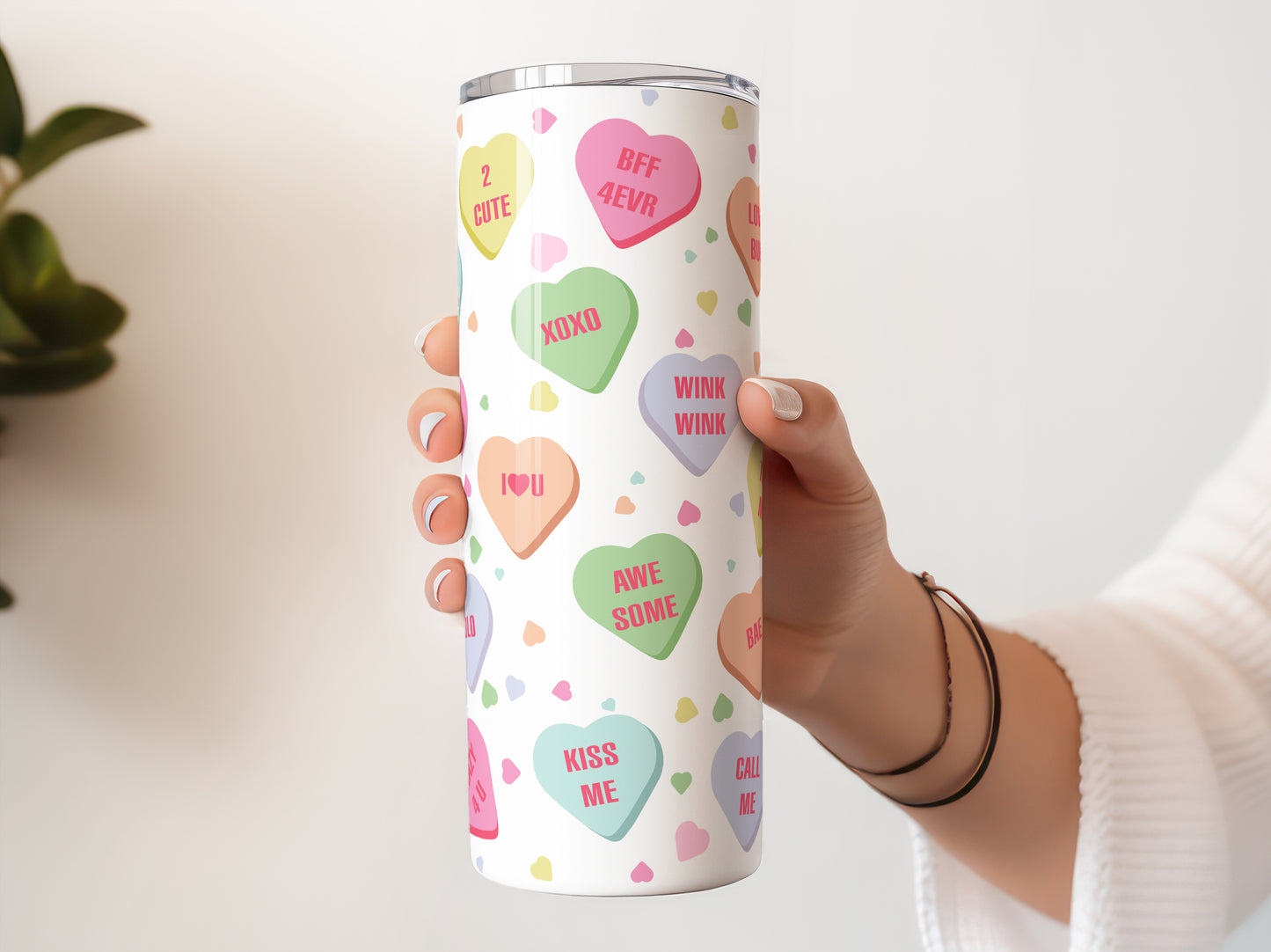 Valentine Conversation Candy Hearts Tumbler, Cute Cup With Lid And Straw 20 oz Skinny Tumbler