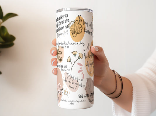 Christian Bible Affirmations 20 oz Tumbler, Scripture Verse Boho Wildflower Skinny Cup, Faith Gift for Women