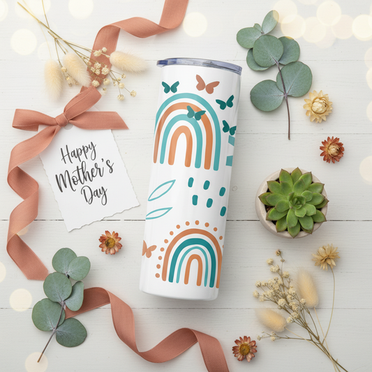 Boho Girl Mama tumbler Mother's Day gift flat lay with wildflowers and succulent