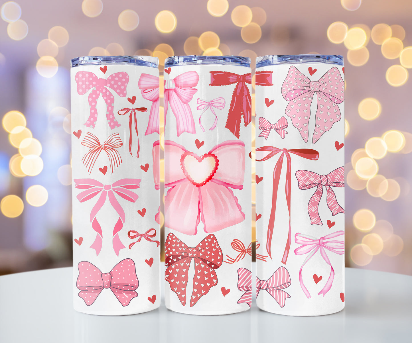 Valentine Pink Bows Coquette, Valentine's Day Cute Cup With Lid And Straw 20 oz Skinny Tumbler