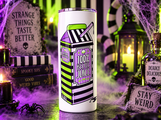 100% Beetle Juice Box Halloween 20 oz Skinny Tumbler, Funny Beetlejuice Fan Gift, Gothic Purple Green Spooky Cup with Lid and Straw