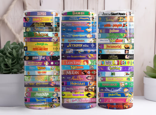 90's Animation Movies Horizontal VHS Video Tapes 1990's Kid 20 oz Skinny SS Tumbler