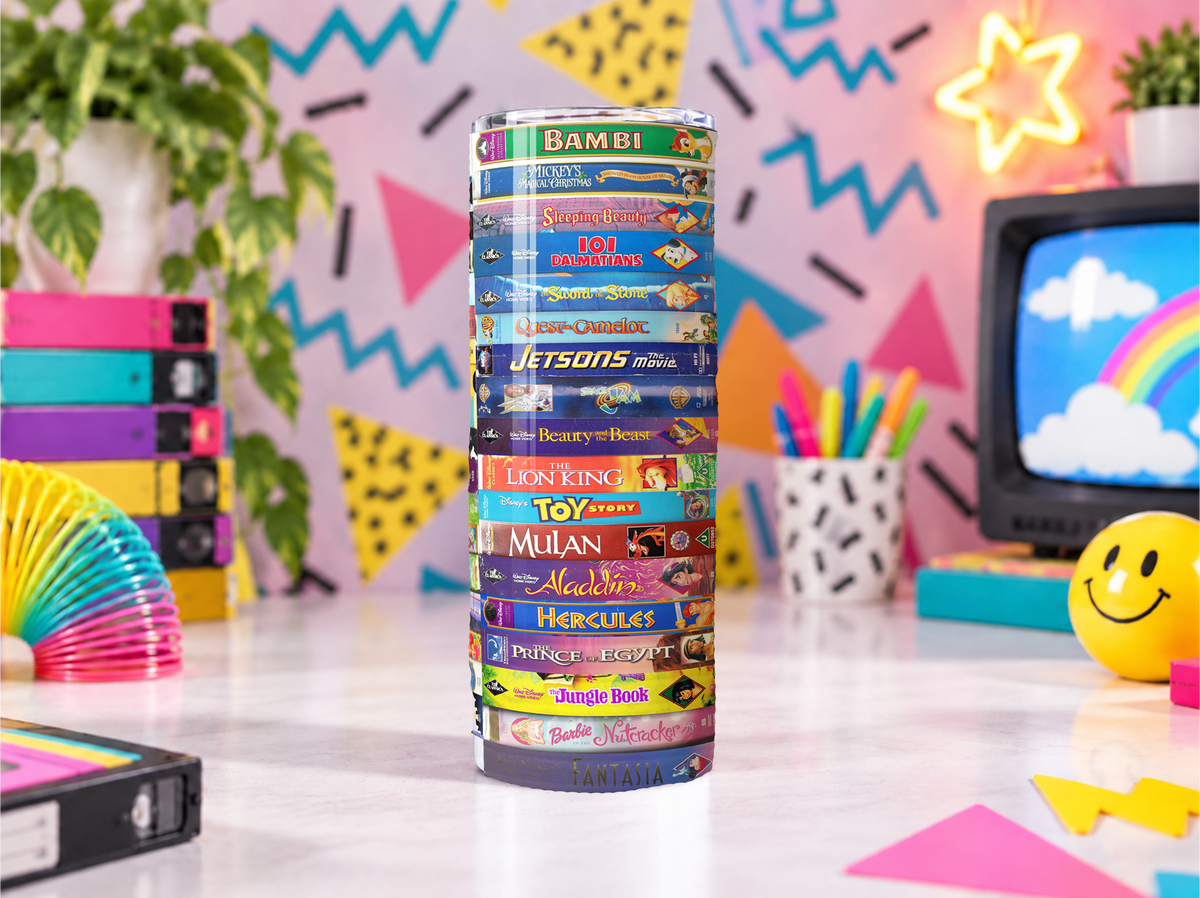 90s Animation VHS Collage 20 oz Skinny Tumbler, Nostalgic Childhood Gift, Retro Movie Cup