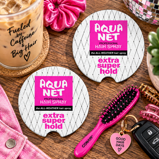 Aqua Net Hairspray Car Coasters Set of 2, Neoprene Cup Holder Inserts, Funny Retro 80s Nostalgia Auto Accessory Gift