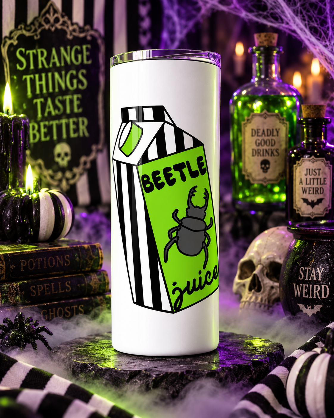 Beetle Juice Box Halloween 20 oz Skinny Tumbler, Funny Beetlejuice Fan Gift, Gothic Green Spooky Cartoon Cup with Lid and Straw