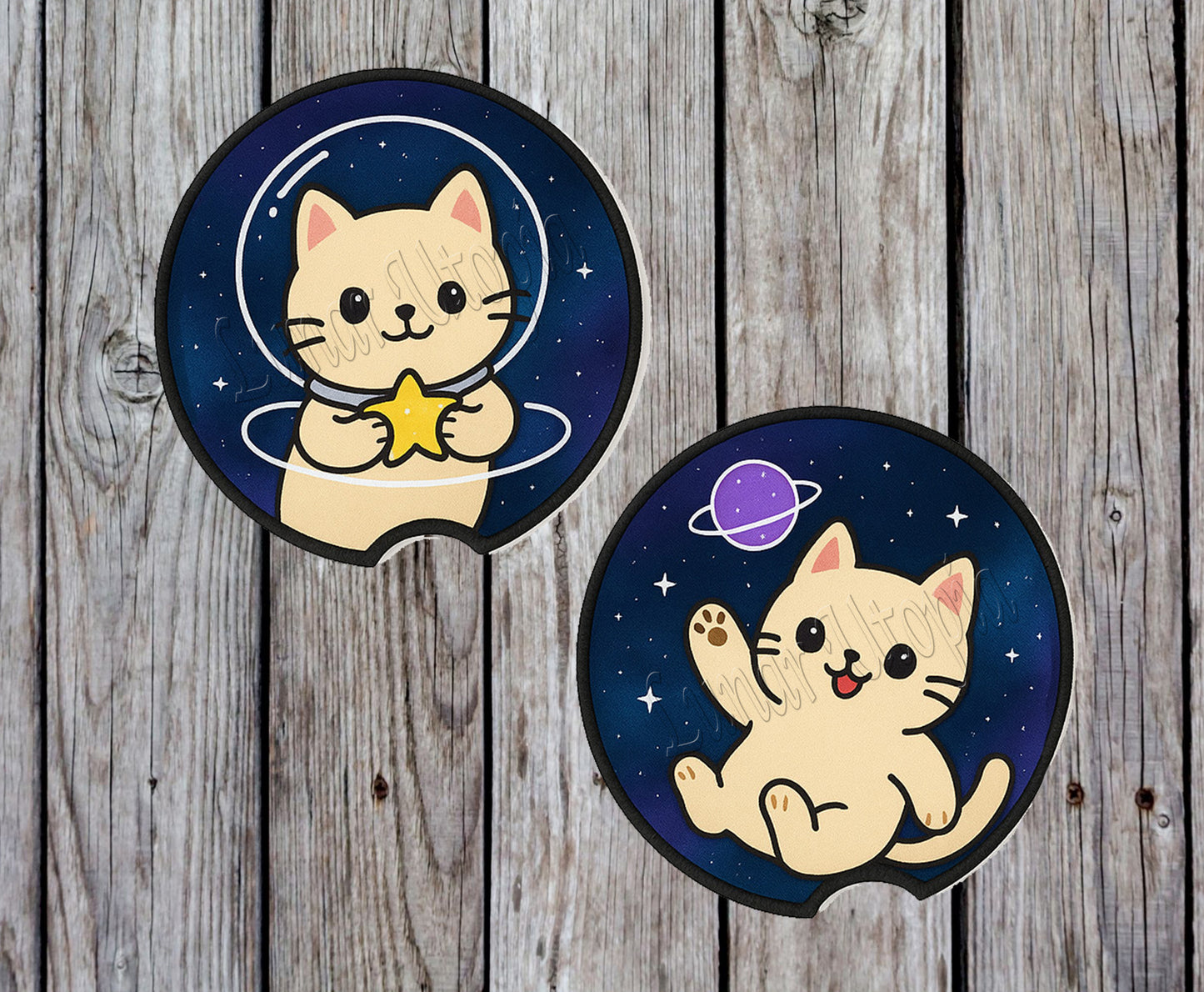 Cute Neoprene Car Coasters, Absorbent Cup Holder Inserts, Fun Auto Accessories (Set of 2) Galaxy Cats
