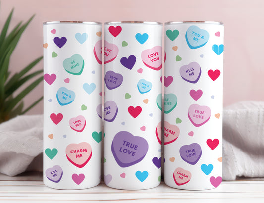 Conversation Hearts Candy Tumbler, Valentine's Day Cute Cup With Lid And Straw 20 oz Skinny Tumbler