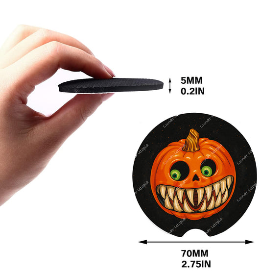 Cute Neoprene Car Coasters, Absorbent Cup Holder Inserts, Fun Auto Accessories (Set of 2) Creepy Pumpkin