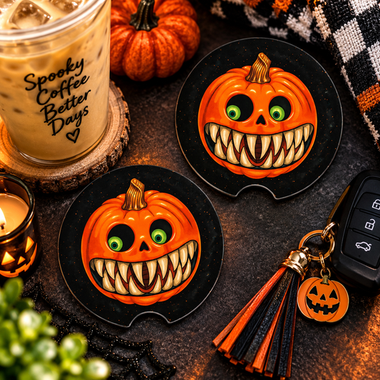 Creepy Pumpkin Car Coasters Set of 2, Neoprene Cup Holder Inserts, Spooky Halloween Jack-o-Lantern Auto Accessory Gift