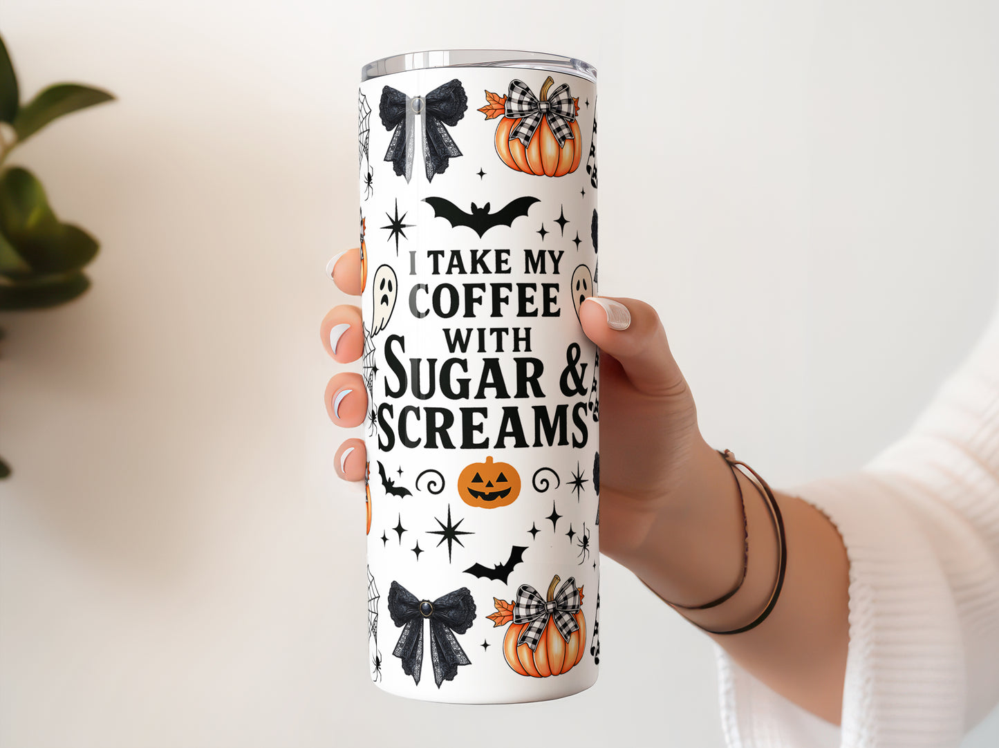 I Take My Coffee With Sugar and Screams Halloween 20 oz Skinny Tumbler