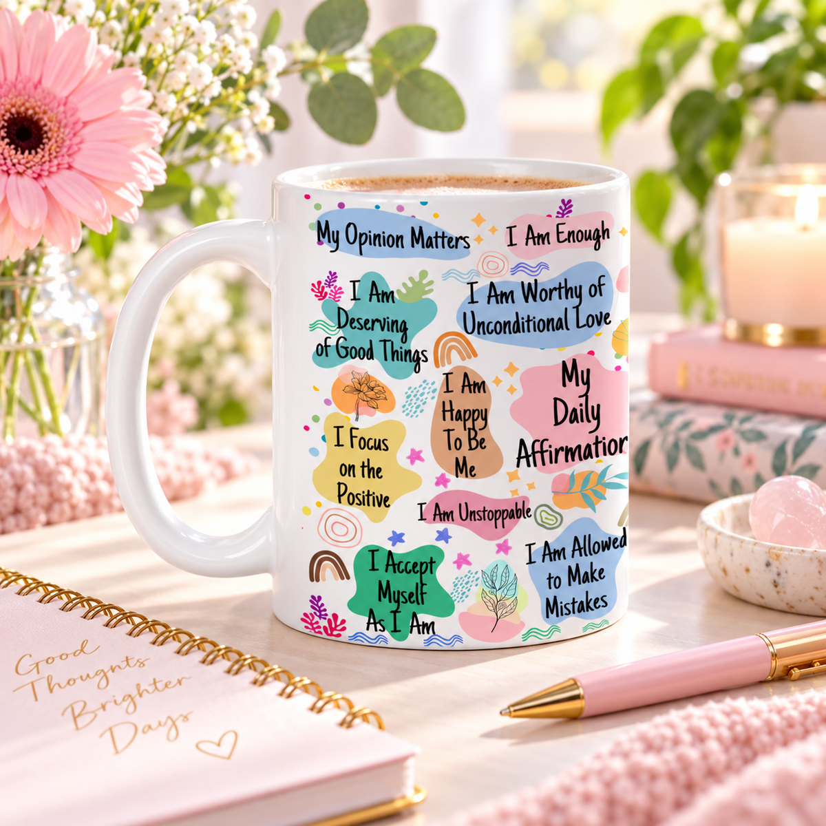 Daily Affirmations 11 oz Porcelain Coffee Mug, Positive Quote Gift