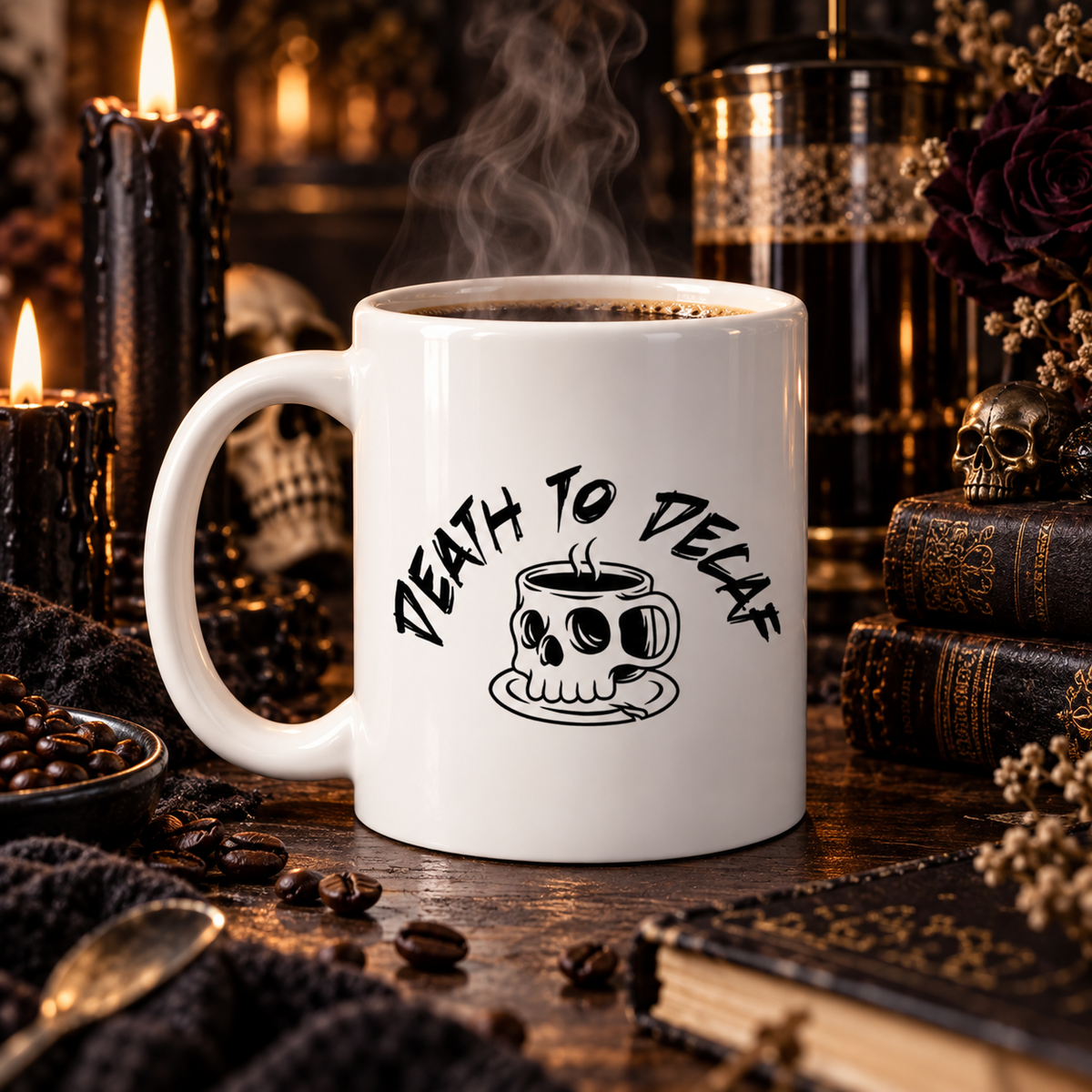 Death to Decaf 11 oz Coffee Mug, Funny Skull Coffee Lover Gift, Bold Caffeine Addict Tea Cup