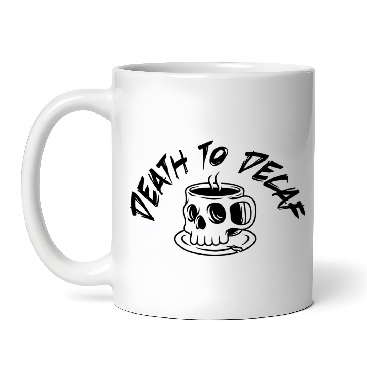 Death to Decaf Skull, Skeleton, Halloween, Creepy, Scary, 11 oz Coffee Mug, Novelty Cup, Ceramic Mug