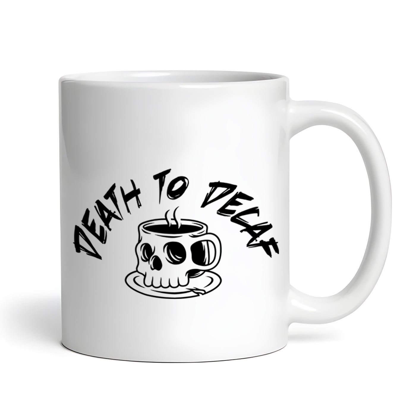 Death to Decaf Skull, Skeleton, Halloween, Creepy, Scary, 11 oz Coffee Mug, Novelty Cup, Ceramic Mug
