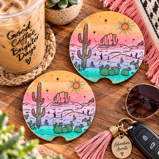 Desert Rainbow Car Coasters Set of 2, Neoprene Cup Holder Inserts, Watercolor Southwest Cactus Landscape Auto Accessory Gift