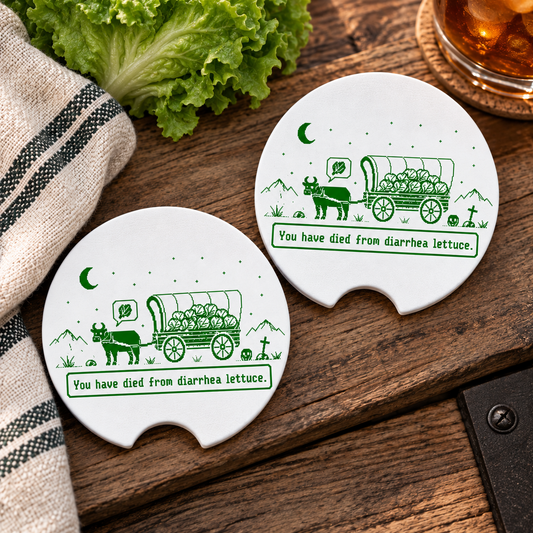 Don't Eat the Lettuce Oregon Trail Neoprene Car Coasters Set of 2, Funny Gamer Gift, Retro Pixel Art Cup Holder Inserts