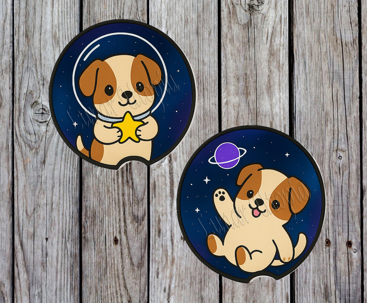 Cute Neoprene Car Coasters, Absorbent Cup Holder Inserts, Fun Auto Accessories (Set of 2) Galaxy Dogs