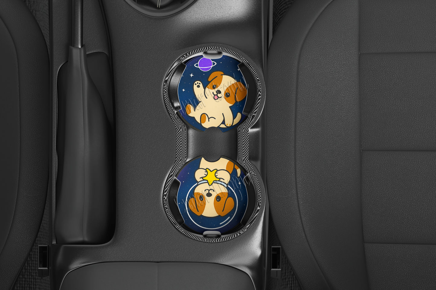 Cute Neoprene Car Coasters, Absorbent Cup Holder Inserts, Fun Auto Accessories (Set of 2) Galaxy Dogs