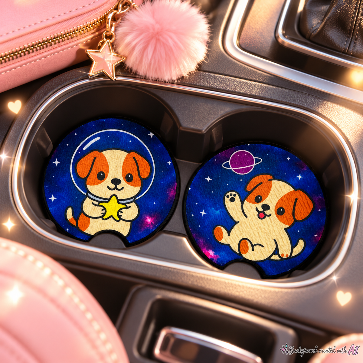 Galaxy Dogs Car Coasters Set of 2, Neoprene Cup Holder Inserts, Cute Space Celestial Puppy Auto Accessory Gift