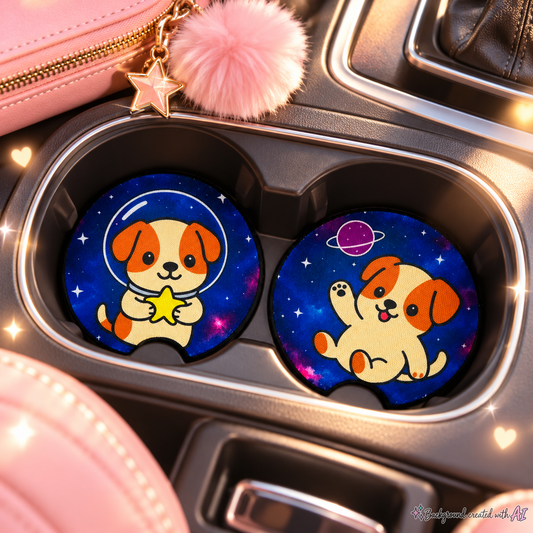 Galaxy Dogs Car Coasters Set of 2, Neoprene Cup Holder Inserts, Cute Space Celestial Puppy Auto Accessory Gift