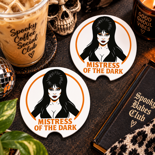Elvira Mistress of the Dark Car Coasters Set of 2, Neoprene Cup Holder Inserts, Spooky Gothic Halloween Auto Accessory Gift