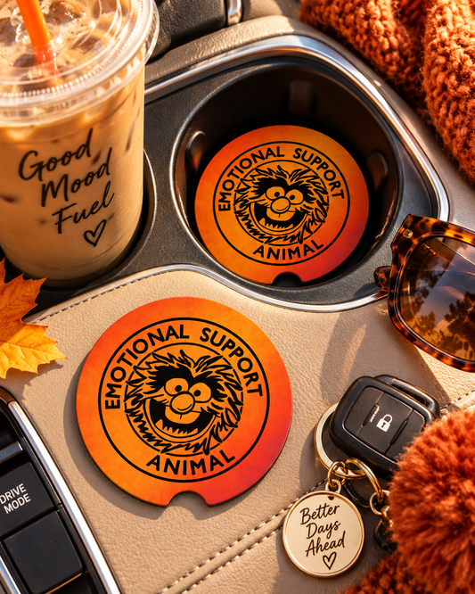 Emotional Support Animal Car Coasters Set of 2, Neoprene Cup Holder Inserts, Funny Muppets Inspired Auto Accessory Gift