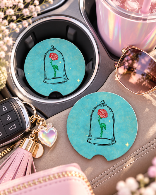 Enchanted Rose Car Coasters Set of 2, Neoprene Cup Holder Inserts, Fairy Tale Rose Under Glass Dome Auto Accessory Gift