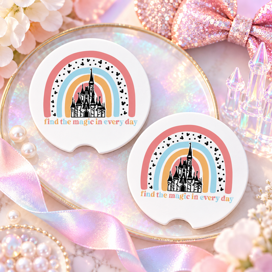 Find the Magic in Every Day Car Coasters Set of 2, Neoprene Cup Holder Inserts, Boho Castle Rainbow Theme Park Auto Accessory Gift