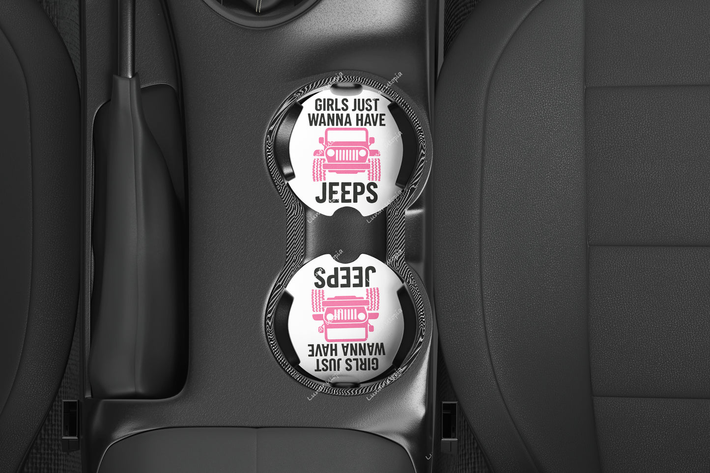 Cute Neoprene Car Coasters, Absorbent Cup Holder Inserts, Fun Auto Accessories (Set of 2) Girls Want Jeeps